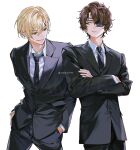  2boys absurdres blonde_hair character_request closed_mouth copyright_request cowboy_shot crossed_arms eyepatch frown green_eyes grin hair_between_eyes hair_ornament hairclip half-closed_eyes hands_in_pockets highres looking_at_another male_focus multiple_boys red_eyes sample_watermark short_hair simple_background smile teeth watermark white_background znjxlz 