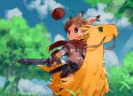  1boy animal_ears blue_eyes blue_sky brown_hair chocobo closed_mouth cloud cloudy_sky day final_fantasy green_eyes highres light_rays looking_to_the_side moogle outdoors rabbit_ears scarf sky solo_focus sunbeam sunlight sword sword_hilt thebrushking tree weapon yellow_feathers 