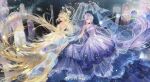  2girls absurdly_long_hair back-to-back bare_shoulders black_gloves blonde_hair blue_veil blunt_bangs by_stars_be_sworn_(shining_nikki) chinese_commentary circlet closed_mouth commentary_request dress eclipse_of_eternal_day_(shining_nikki) expressionless eyelashes eyeshadow feather-trimmed_dress feather_hair_ornament feathers floating floating_hair full-length_mirror full_body gloves gown grey_eyes hair_ornament halo halo_behind_head highres infinity_symbol jewelry light_particles lipstick long_dress long_hair looking_ahead makeup mirror multiple_girls necklace nikki_(series) peacock_feathers purple_dress purple_hair red_lips sasora see-through_clothes see-through_veil shining_nikki shoulder_pads skirt_hold space_print starry_sky_print strapless strapless_dress veil very_long_hair watermark weibo_watermark yellow_dress yellow_eyes yellow_eyeshadow 