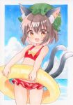  1girl :d animal_ear_fluff animal_ears ass_visible_through_thighs bare_arms bare_shoulders bikini blue_sky blush border bow breasts brown_eyes brown_hair cat_ears cat_tail chen cloud collarbone commentary_request cowboy_shot dot_nose earrings eyes_visible_through_hair fang frills hair_between_eyes happy hat highres holding holding_swim_ring horizon innertube jewelry leaning_back looking_at_viewer mob_cap multiple_tails nekomata open_mouth outdoors outside_border red_bikini short_hair single_earring skin_fang sky small_breasts smile solo standing swim_ring swimsuit tail touhou two_tails white_border yellow_bow yuiki_(cube) 