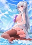  1girl absurdres aircraft airplane ass azur_lane bikini black_legwear blue_sky braid breasts crown_braid day dunkerque_(azur_lane) dunkerque_(summer_sucre)_(azur_lane) eyebrows_visible_through_hair front-tie_bikini front-tie_top garter_straps grey_hair highres large_breasts long_hair looking_at_viewer official_alternate_costume outdoors purple_bikini purple_eyes see-through sky solo swimsuit thighhighs thighs untied untied_bikini water way666666 wet wet_clothes 