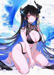  1girl :d asymmetrical_horns barefoot black_bra black_hair black_panties blue_hair blue_nails bra breasts cleavage colored_inner_hair commentary demon_horns english_commentary flower flower_knot full_body grin hair_ornament heart highleg highleg_panties highres hololive hololive_english horn_flower horns kneeling large_breasts lazuremi long_hair looking_at_viewer mole mole_under_eye multicolored_hair nail_polish nerissa_ravencroft panties purple_eyes sidelocks smile solo tassel tassel_hair_ornament toenail_polish toenails underwear underwear_only uneven_horns very_long_hair virtual_youtuber 