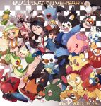  2boys 2girls :d ahoge anniversary archen arm_up baseball_cap beret bianca_(pokemon) black_hair black_vest blonde_hair blue_jacket blush brown_eyes brown_hair cheren_(pokemon) closed_eyes commentary_request darumaka dated dress emolga eyelashes foongus green_eyes green_headwear hat high_ponytail highres hilbert_(pokemon) hilda_(pokemon) holding holding_poke_ball jacket joltik long_hair long_sleeves mienfoo minccino misha_(ohds101) multiple_boys multiple_girls munna on_head open_clothes open_jacket open_mouth orange_vest pants pidove poke_ball poke_ball_(basic) poke_ball_print pokemon pokemon_(creature) pokemon_(game) pokemon_bw pokemon_on_head red_headwear roggenrola scraggy sewaddle shirt short_hair short_sleeves sidelocks sleeveless sleeveless_shirt smile snivy solosis teeth tepig tongue trubbish upper_teeth vanillite venipede vest whimsicott white_dress white_shirt woobat wristband 