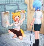  2girls alternate_costume animal_ears bangs barefoot bathroom black_bra blonde_hair blue_hair boots bra brown_shorts closed_eyes commentary_request cookie_(touhou) eyebrows_visible_through_hair fangs fox_ears fox_girl fox_tail full_body highres holding holding_sponge hose indoors looking_at_another medium_hair miramikaru_miran miramikaru_riran multiple_girls open_mouth shirt short_hair short_twintails shorts soap sponge standing tail twintails underwear urinal water wet wet_clothes wet_shirt white_shirt yan_pai 