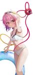  1girl :/ absurdres alternate_costume arm_support bare_arms bare_legs bikini black_hairband blush breasts closed_mouth commentary_request double-parted_bangs eyeball feet_out_of_frame foreshortening hair_between_eyes hair_ornament hairband hand_up heart heart_hair_ornament highres innertube komeiji_satori looking_to_the_side medium_hair pink_eyes pink_hair simple_background small_breasts solo standing swim_ring swimsuit third_eye touhou white_background white_bikini zifeiyu_(mayamageji) 