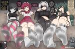  2b_(nier:automata) 4girls :o artificial_eye black_hair black_pants black_shirt bow character_request copyright_request couch crop_top cropped_jacket cup dirty dirty_clothes drinking_straw english_text feet green_eyes green_hair hand_on_own_head hatsune_miku headband holding holding_cup jun_(my_dystopian_robot_girlfriend) long_hair midriff mole mole_under_mouth multiple_girls my_dystopian_robot_girlfriend navel navel_piercing nier:automata nier_(series) pale_skin pants patreon_username piercing pink_eyes pink_skirt robot robot_girl sachifufu shirt shoes shorts skirt smile smirk socks sports_bra striped_clothes striped_socks thighhighs thighs unworn_shoes white_hair white_socks yellow_eyes 