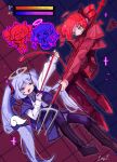  &gt;_&lt; 2girls ahoge arrow_(projectile) belt black_boots blue_eyes blue_hair blue_jacket blue_necktie boots bow_(weapon) capelet chibi chibi_inset collared_shirt daidaidaidaidaikirai detached_wings drawing_bow eye_contact grid_background halo hatsune_miku health_bar highres holding holding_arrow holding_bow_(weapon) holding_weapon horns izayoi_(i34i22w) jacket kasane_teto long_hair long_sleeves looking_at_another multiple_girls necktie open_mouth pitchfork red_eyes red_shirt red_skirt shirt short_hair signature skirt split_theme synthesizer_v thigh_boots thighhighs twintails vocaloid weapon white_shirt wings 