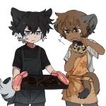  2boys animal_ears apron black_hair black_shirt blue_eyes brown_eyes brown_hair burnt_food cat_boy cat_ears cat_tail cookie cowboy_shot dark-skinned_male dark_skin deviidog0 dog_boy dog_ears dog_tail english_commentary fang food highres holding holding_food holding_tray male_focus mittens multiple_boys original shirt short_hair simple_background standing tail tray white_background 