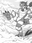 anthro cheek_spikes clothing dragon facial_spikes featureless_crotch hair horn male male_anthro messy_hair monochrome muscular muscular_anthro muscular_male mythological_creature mythological_scalie mythology narrowed_eyes outside pattern_clothing pattern_scarf scalie scarf schism11 short_hair solaxe_(artist) solo spikes spikes_(anatomy) standing striped_arms striped_clothing striped_legs striped_scarf stripes tongue tongue_out