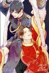  2boys aiguillette arm_up artist_name axis_powers_hetalia black_background black_hair black_jacket black_pants brown_eyes brown_hair buttons changpao china_(hetalia) chinese_clothes commentary_request dated feet_out_of_frame gold_trim hand_up highres holding holding_another&#039;s_wrist holding_rope jacket japan_(hetalia) long_hair long_sleeves looking_at_another looking_down looking_up low_ponytail male_focus mandarin_collar military_jacket military_uniform multiple_boys multiple_views open_mouth orange_eyes pants ponytail red_shirt rope shinxxx000 shirt short_hair sidelocks smile teeth two-tone_background upper_body white_background wide_sleeves 