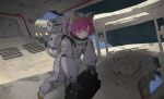  1girl animal_ear_headphones animal_ears astronaut baggy_clothes bespin black_gloves blue_eyes blunt_bangs cable cable_tail cat_ear_headphones fake_animal_ears gloves headphones in_orbit jumpsuit mechanical_tail original pink_hair planet science_fiction short_hair space space_station spacecraft spacesuit swept_bangs tail twitter_username white_jumpsuit zero_gravity 