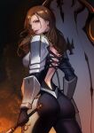  1girl armor ass back_cutout black_hair blonde_hair bodysuit breasts brown_eyes brown_hair cleavage clothing_cutout criss-cross_back-straps cross-laced_clothes earrings gloves jewelry kisara_(tales) long_hair looking_at_viewer phamoz shield simple_background solo tales_of_(series) tales_of_arise 