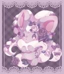  blush border bow cinccino commentary eyelashes flower grey_flower hands_up highres looking_at_viewer pokemon pokemon_(creature) riri_(riri_nasinasi) rose smile sparkle 