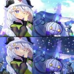 1girl ;) blue_eyes blue_pants blue_shoes blue_sky blush braid building chandelure character_request closed_mouth cloud cloud_hair_ornament commentary_request commission copyright_request cosplay crescent crescent_hair_ornament crossover day green_jacket grey_hair grin hair_between_eyes hair_ornament harmony_(pokemon) harmony_(pokemon)_(cosplay) hat horns horns_through_headwear jacket kou_hiyoyo long_hair long_sleeves low_twintails night night_sky one_eye_closed open_clothes open_jacket outdoors pants pointy_ears pokemon pokemon_(creature) pokemon_legends:_z-a puffy_long_sleeves puffy_sleeves shirt shoes skeb_commission sky smile socks star_(sky) starry_sky steepled_fingers twin_braids twintails virtual_youtuber white_hat white_shirt white_socks x_hair_ornament 