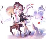  1girl bad_link black_boots black_coat black_dress black_flower black_gloves boots breasts closed_mouth coat dress evernight_(honkai:_star_rail) flower flower_ornament fold-over_boots gloves hair_flower hair_ornament half-jacket highres honkai:_star_rail honkai_(series) layered_dress long_hair long_sleeves march_7th_(honkai:_star_rail) medium_breasts off_shoulder official_alternate_costume official_alternate_eye_color official_art pink_hair red_eyes red_flower shirt short_dress single_off_shoulder solo table thigh_strap when_you_see_it white_shirt 