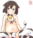  1girl alternate_costume animal_ears animal_print artist_logo bell bikini black_hair blue_eyes bob_cut cameltoe commentary_request cow_ears cow_horns cow_print cow_tail cowbell cowboy_shot daitou_(kancolle) dated fake_animal_ears fake_horns flat_chest front-tie_top grin high_ponytail horns kanon_(kurogane_knights) kantai_collection looking_at_viewer micro_bikini one-hour_drawing_challenge short_hair sidelocks simple_background sitting smile solo swimsuit tail thighhighs white_background white_bikini white_legwear 