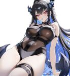  1girl arm_strap arm_support asymmetrical_horns belt between_breasts black_hair black_one-piece_swimsuit black_wings blue_hair blush breasts candy casual_one-piece_swimsuit collarbone colored_inner_hair commentary covered_nipples drooling english_commentary facial_mark feathered_wings food hair_between_eyes halterneck heart heart_facial_mark high_ponytail highres hololive hololive_english holonatsu_paradise horns hot_limit large_breasts leaning_back lollipop lollipop_in_mouth long_hair looking_at_viewer low-tied_long_hair multicolored_hair nerissa_ravencroft nerissa_ravencroft_(holonatsu_paradise) nyanyaqwi o-ring o-ring_thigh_strap official_alternate_costume one-piece_swimsuit ponytail saliva sidelocks simple_background solo sonic_(series) sonic_the_hedgehog swimsuit thick_thighs thigh_belt thigh_strap thighs uneven_horns very_long_hair virtual_youtuber white_background wings 