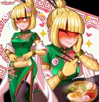  1girl absurdres arms_(game) bangs black_legwear blonde_hair blush breasts china_dress chinese_clothes domino_mask dress facepaint food garter_straps green_eyes hair_bun highres large_breasts long_hair looking_at_viewer mask min_min_(arms) noodles sarukaiwolf short_hair smile solo thighhighs 