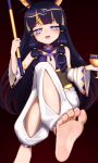  absurdres ahoge ancient_egyptian_clothes animal_ears ankh_necklace barefoot black_nails blue_bra blue_hair bra bright_pupils choker crossed_legs cup detached_sleeves diamond-shaped_pupils diamond_(shape) drinking_glass earrings eye_of_horus facial_tattoo fang fangs faraokawa_lapis feet flat_chest foot_focus goki_buri gold_earrings gold_tiara hair_ornament highres holding holding_staff hoop_earrings indie_virtual_youtuber jewelry lapis_lazuli_(gemstone) long_hair mole mole_under_mouth multicolored_hair nail_polish non-web_source open_mouth pants simple_background single_earring sitting smug staff symbol-shaped_pupils tattoo tiara toe_ring toenail_polish toenails underwear usekh_collar virtual_youtuber white_pants white_pupils wide_sleeves wine_glass 
