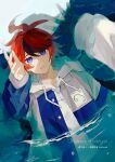  2boys ahoge aotsuki_eito asako_(pixiv_5702576) black_streaks blue_eyes blue_jacket english_text gloves grey_jacket highres hood hoodie jacket jacket_over_hoodie male_focus mixed-language_text multicolored_hair multicolored_jacket multiple_boys outstretched_arm outstretched_hand partially_submerged pov pov_hands red_hair shadow short_hair streaked_hair sumino_takumi the_hundred_line_-last_defense_academy- two-tone_jacket water white_hoodie 