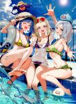  3girls :d alternate_costume anlucea aqua_eyes barefoot bikini blonde_hair blue_eyes blue_hair blue_sky blunt_bangs blurry blurry_background bob_cut bow breasts cleavage cloud commentary_request creature_on_head cutoffs day dracky dragon_quest dragon_quest_x eyewear_on_head fence goggles goggles_on_headwear green_bikini green_bow grey_hair groin_tendon hair_slicked_back hand_up hat heart heart-shaped_eyewear highres holding holding_swim_ring illusia_(dq10) long_hair looking_at_viewer looking_to_the_side man_o&#039;_war_(dragon_quest) medium_breasts medium_hair mole mole_under_mouth multiple_girls navel numao_sub one_eye_closed open_mouth parted_hair platypunk pool poolside purple_bikini reaching reaching_towards_viewer red-tinted_eyewear see-through_clothes see-through_shirt seraphy_(dq10) shirt short_hair sideboob sky slime_(dragon_quest) smile splashing straw_hat swim_ring swimsuit tinted_eyewear underboob v water wet wet_clothes wet_shirt yellow_bikini 