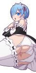  1girl :o ass black_dress blue_eyes blue_hair breasts cleavage commentary detached_sleeves dress english_commentary eyebrows_behind_hair hair_ornament hair_over_one_eye lying maid maid_headdress medium_breasts mike_inel on_side open_mouth panties re:zero_kara_hajimeru_isekai_seikatsu rem_(re:zero) ribbon-trimmed_legwear ribbon-trimmed_sleeves ribbon_trim roswaal_mansion_maid_uniform short_hair solo thighhighs transparent_background underbust underwear white_panties x_hair_ornament 