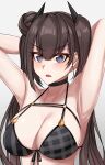  1girl airbo armpits arms_behind_head arms_up bikini black_bikini black_ribbon blush breasts brown_hair cleavage collarbone commentary front-tie_bikini front-tie_top girls&#039;_frontline hair_bun highres large_breasts long_hair looking_at_viewer open_mouth ouroboros_(girls&#039;_frontline) purple_eyes ribbon side_bun simple_background skindentation solo swimsuit twintails upper_body v-shaped_eyebrows white_background 