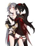  2girls bangs black_hair black_jacket black_legwear black_shorts cape coffeejelly dual_persona fangs flower fu_hua fu_hua_(herrscher_of_sentience) fu_hua_(shadow_knight) grey_hair hair_between_eyes hair_flower hair_ornament hand_on_another&#039;s_shoulder highres honkai_(series) honkai_impact_3rd jacket long_hair looking_at_another multiple_girls open_mouth ponytail red_eyes red_flower red_rose rose see-through_cape short_sleeves shorts simple_background thighhighs vampire white_background 