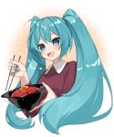  1girl :d absurdres aqua_nails bangs blue_eyes blue_hair blush bowl breasts chopsticks commentary cropped_torso donburi egg eyebrows_behind_hair hatsune_miku highres holding holding_bowl holding_chopsticks long_hair long_sleeves looking_down nail_polish open_mouth purple_shirt reirou_(chokoonnpu) shirt simple_background small_breasts smile solo twintails upper_body vocaloid white_background wing_collar 