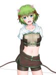  1girl animal_ears aoi_hito arms_behind_back bangs blush bow_(weapon) breasts brown_gloves brown_shorts brown_skirt cat_ears commentary_request contrapposto cowboy_shot crop_top cropped_jacket elbow_gloves eyebrows_visible_through_hair gloves green_eyes green_hair hair_between_eyes hair_ribbon holding holding_bow_(weapon) holding_weapon hunter_(ragnarok_online) jacket looking_at_viewer medium_breasts midriff miniskirt navel open_mouth ragnarok_online red_ribbon ribbon short_hair short_shorts shorts shorts_under_skirt simple_background skirt smile solo weapon white_background white_jacket 
