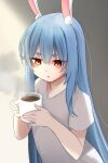  1girl absurdres animal_ears aurapls blue_hair blush bunny-shaped_pupils coffee commentary cup grey_background grey_shirt hair_between_eyes hair_down highres holding holding_cup hololive long_hair looking_down parted_lips rabbit_ears red_eyes shirt short_eyebrows short_sleeves solo steam symbol-shaped_pupils upper_body usada_pekora virtual_youtuber 