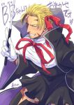  1boy aion_kiu bara bb_(fate) bb_(fate)_(cosplay) beowulf_(fate) black_dress black_legwear blush bow cosplay covered_nipples crossdressing dress embarrassed facial_hair fate/extra fate/extra_ccc fate/grand_order fate_(series) gloves goatee hair_bow holding large_pectorals male_focus manboobs muscular muscular_male pectorals red_ribbon ribbon scar scar_across_eye scar_on_cheek scar_on_face shirt short_hair solo thighhighs white_gloves white_shirt 
