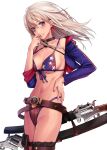  1girl :d american_flag_bikini applekun bare_shoulders belt bikini blonde_hair blue_eyes blush breast_press breasts cleavage collarbone commentary_request cowboy_shot cropped_jacket earrings fate/grand_order fate_(series) flag_print grin gun hand_on_hip hand_on_own_face highres jacket jewelry large_breasts long_hair long_sleeves looking_at_viewer miyamoto_musashi_(fate) miyamoto_musashi_(swimsuit_berserker)_(fate) off_shoulder open_clothes open_jacket open_mouth purple_jacket simple_background smile solo stomach swimsuit teeth weapon white_background 