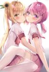  2girls :o :t ahoge bangs blonde_hair blush brown_eyes cheek-to-cheek closed_mouth commentary_request eyebrows_visible_through_hair flower hair_between_eyes hair_flower hair_ornament heads_together highres long_hair low_twintails multiple_girls natuna_natu original parted_lips pink_hair pink_sailor_collar pink_skirt pleated_skirt pout puffy_short_sleeves puffy_sleeves purple_eyes sailor_collar school_uniform serafuku shirt short_sleeves short_twintails skirt sunflower sunflower_hair_ornament thighhighs twintails twitter_username very_long_hair white_background white_legwear white_shirt x_hair_ornament yellow_flower 