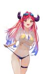 1girl :d absurdres bikini breasts clip_studio_paint_(medium) clothes_lift demon_girl demon_horns demon_tail demon_wings eyebrows_behind_hair eyewear_on_head highres horns kurari_rose large_breasts looking_at_viewer mole mole_under_eye multicolored_hair open_mouth pink_hair purple_hair red_hair see-through shirt smile solo sunglasses swimsuit swimsuit_lift tail tongue virtual_youtuber wactor_production wet wet_clothes wet_shirt white_background wings xiami333 yellow_eyes 