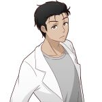  1boy :/ black_eyes black_hair collarbone commentary english_commentary grey_shirt hair_slicked_back labcoat male_focus mike_inel okabe_rintarou shirt solo steins;gate transparent_background upper_body 