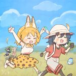  4girls animal_ears backpack bag bare_shoulders black_gloves black_hair black_legwear blonde_hair blue_sky blue_sweater blush bow bowtie cat_ears cat_girl cat_tail commentary_request common_raccoon_(kemono_friends) elbow_gloves eyebrows_visible_through_hair fang fennec_(kemono_friends) fox_ears fox_girl fox_tail gloves grey_shorts hat_feather helmet high-waist_skirt highres kaban_(kemono_friends) kemono_friends lucky_beast_(kemono_friends) multiple_girls open_mouth orange_bow orange_bowtie pantyhose pink_sweater pith_helmet print_bow print_bowtie print_legwear print_skirt raccoon_ears raccoon_girl raccoon_tail running savannah serval_(kemono_friends) serval_print shirt short_hair shorts sitting skirt sky sleeveless sweater tail thighhighs tree two-tone_bowtie wamawmwm white_bow white_bowtie white_shirt yellow_bow yellow_bowtie 