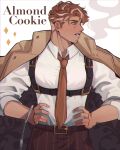  1boy almond_cookie bara between_pectorals brown_hair brown_pants chest_harness coat coat_on_shoulders cookie_run facial_hair goatee hands_on_hips harness highres kingidol large_pectorals male_focus mature_male multicolored_hair muscular muscular_male necktie necktie_between_pectorals pants pectoral_lift pectorals personification shirt short_hair sideburns solo streaked_hair striped striped_necktie stubble underbust white_shirt 
