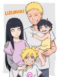  2boys 2girls :d bandages bangs blonde_hair blue_eyes border boruto:_naruto_next_generations carrying carrying_person closed_eyes closed_mouth family grey_background grin hair_between_eyes hand_on_another&#039;s_shoulder highres hyuuga_hinata long_hair long_sleeves looking_at_viewer multiple_boys multiple_girls naruto:_the_last naruto_(series) open_mouth pink_shirt pinoko_(pnk623) purple_hair shirt short_hair simple_background sleeveless smile teeth uzumaki_boruto uzumaki_himawari uzumaki_naruto white_eyes white_shirt 