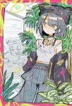  1girl :< animal_ear_headwear animal_ears animal_hat bare_shoulders beanie belt black_choker black_hair booth_seating border cat_hat chain chain_necklace choker denonbu fake_animal_ears food gold_necklace hat hat_pin highres jacket jewelry kurogane_tama long_sleeves looking_to_the_side lower_body moosu multicolored_eyes necklace off_shoulder open_clothes open_jacket pants pants_under_skirt parfait patterned patterned_clothing pink_border plant potted_plant restaurant ribbed_beanie shirt short_hair shoulder_blush sidelocks sitting solo standing sticker studded_choker torn_clothes white_shirt yellow_eyes 