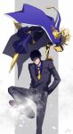  2boys aion_kiu android arm_guards avicebron_(fate) black_suit blonde_hair blue_cape blue_capelet cape capelet crossover elbow_pads fate/apocrypha fate_(series) feet_up formal hand_on_another&#039;s_shoulder ice jumping kekkai_sensen long_hair male_focus mask mechanical_legs multiple_boys necktie one_eye_closed shirt short_hair spikes steven_a._starphase striped striped_legwear striped_shirt vertical-striped_legwear vertical-striped_shirt vertical_stripes 