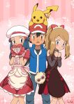  1boy 2girls apron ash_ketchum baseball_cap black_hair blonde_hair blue_eyes blue_hair blush brown_eyes commentary cookie cooking dawn_(pokemon) food hat head_scarf highres jacket long_hair multiple_girls open_mouth pikachu pokemon pokemon_(anime) pokemon_(creature) pokemon_(game) pokemon_dppt_(anime) pokemon_masters_ex pokemon_xy_(anime) serena_(pokemon) shirt short_hair skirt sungyeah 