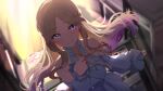  1girl absurdres bare_shoulders blonde_hair blue_dress blue_eyes blurry blurry_background blush depth_of_field dress dutch_angle gradient_hair grin highres idolmaster juo_sena long_hair long_sleeves looking_at_viewer multicolored_hair parted_bangs pink_hair puffy_long_sleeves puffy_sleeves reikakrzk ribbon sidelocks smile solo stage sweat yellow_ribbon 