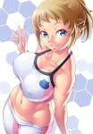 1girl bangs bare_shoulders bike_shorts blue_eyes bracelet breasts brown_hair cleavage closed_mouth collarbone commentary covered_nipples cowboy_shot from_above groin gundam gundam_build_fighters gundam_build_fighters_try hand_up hexagon highres hoshino_fumina jewelry large_breasts looking_at_viewer masato_(mk) medium_hair midriff navel pink_shorts pink_sports_bra ponytail shorts sidelocks smile solo sports_bra standing taut_clothes toned white_background white_shorts white_sports_bra 