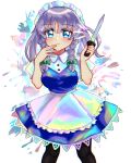  1girl absurdres apron black_legwear blue_eyes braid closed_mouth eyebrows_visible_through_hair frills highres izayoi_sakuya knife looking_at_viewer maid maid_headdress oiceringi pantyhose rainbow_gradient short_hair silver_hair smile solo touhou twin_braids unconnected_marketeers waist_apron 