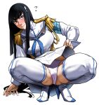  1girl bakkanki black_hair blush cameltoe clothes_lift epaulettes fourragere high_heels hime_cut junketsu kill_la_kill kiryuuin_satsuki long_hair md5_mismatch panties pleated_skirt skirt skirt_lift solo spread_legs squatting thighhighs underwear uniform white_background white_panties zettai_ryouiki 