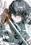  1boy 333takoyaki absurdres black_hair black_jacket blue_eyes blue_hair blush commentary_request demon_slayer_uniform gakuran gradient_hair highres holding holding_sword holding_weapon jacket kimetsu_no_yaiba long_hair long_sleeves multicolored_hair parted_lips school_uniform simple_background solo sword tokitou_muichirou weapon 