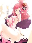  1girl animal_print bracelet breasts butterfly_print crown cup demon_girl disgaea dress drinking_glass feather_boa high_heels highres holding holding_cup jewelry long_hair mini_crown one_eye_closed pink_dress pink_hair pointy_ears purple_eyes red_crown seraphina_(disgaea) sitting smile thighs tsutsugano white_background wine_glass 