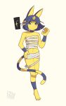  1girl absurdres animal_crossing animal_ears ankha_(animal_crossing) bangs barefoot black_eyes blunt_bangs bob_cut breasts budget_sarashi cat_ears cat_girl cat_tail colored_skin egyptian frown full_body furry furry_female gem hair_ornament hand_on_hip hand_up highres holding holding_gem immortalzy looking_at_viewer navel sarashi short_hair simple_background small_breasts snake_hair_ornament solo sparkle spoken_sparkle tail yellow_skin 