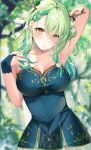  1girl absurdres antlers arm_up armpits blurry blurry_background blush braid branch breasts ceres_fauna collarbone covered_navel dress earrings eyebrows_visible_through_hair flower forest french_braid green_hair green_nails hair_flower hair_ornament highres hololive hololive_english jewelry leaf long_hair medium_breasts mole mole_under_eye nail_polish nature parted_lips sleeveless sleeveless_dress solo sosuke_(yrmon) sweat virtual_youtuber yellow_eyes 